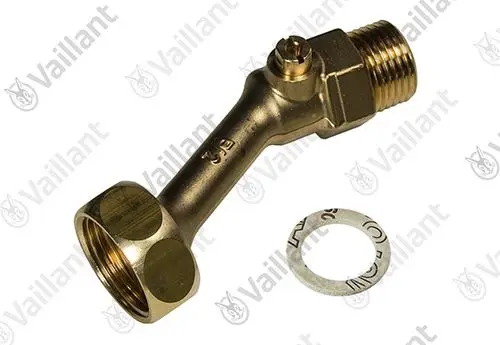 Vaillant Anschlussstück aus Messing mit Gewinde und einem seitlichen Anschluss, um eine Verbindung zu anderen Komponenten herzustellen.